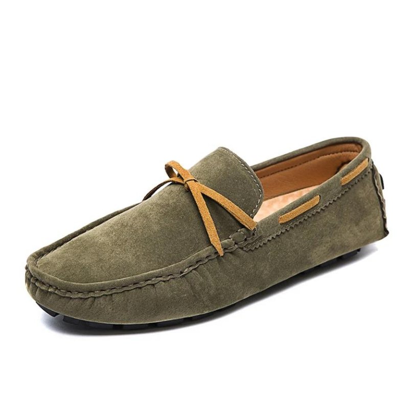 Men’s casual loafers in olive green suede with contrasting tan lace detail