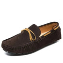 Men’s casual slip-on loafers in brown with a stylish yellow lace, offering comfort and elegance