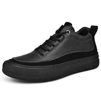 Stylish Men’s Leather Sneakers in black with sleek laces, thick soles, and a classic low-top design, perfect for casual wear.