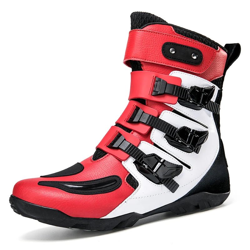 Photo of a high-top motorcycle boots  red and white with black accents. features three black buckles on the side, 