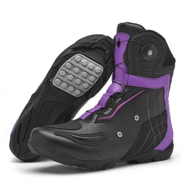 Black Biker-Boots with purple accents, sturdy sole, and secure fastening, displayed against a white background