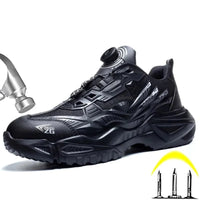 Black Construction Safety Shoes with protective features, showcased with a free gift offer