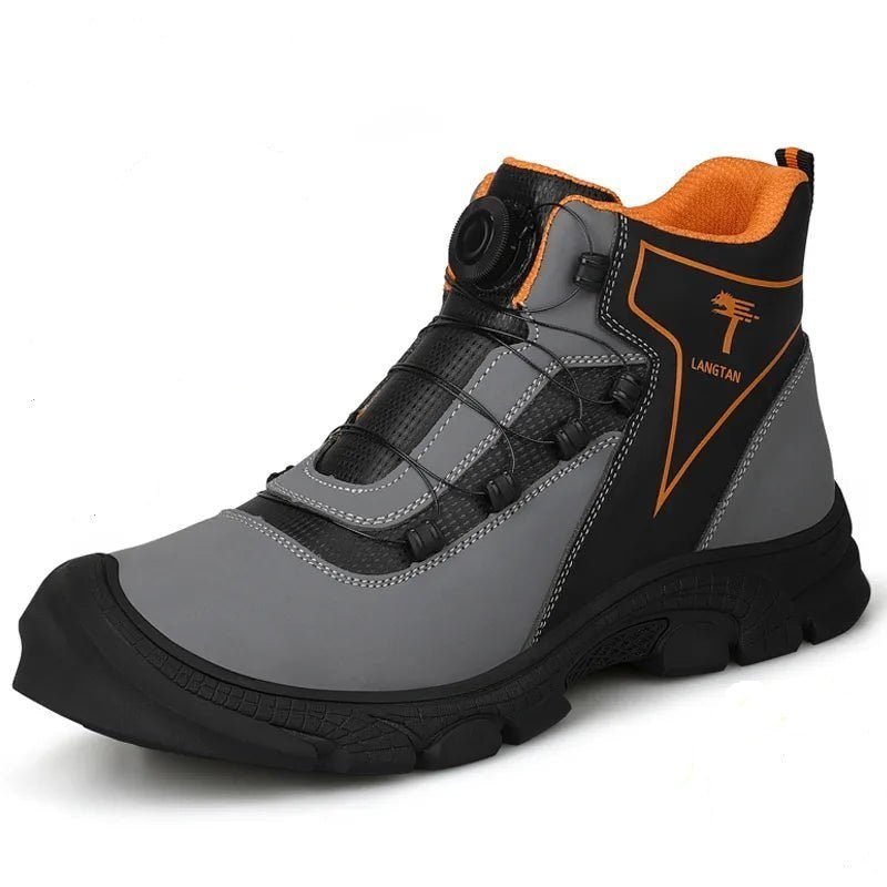 Industrial Safety Shoe, grey and black, with orange accents, designed for durability and safety
