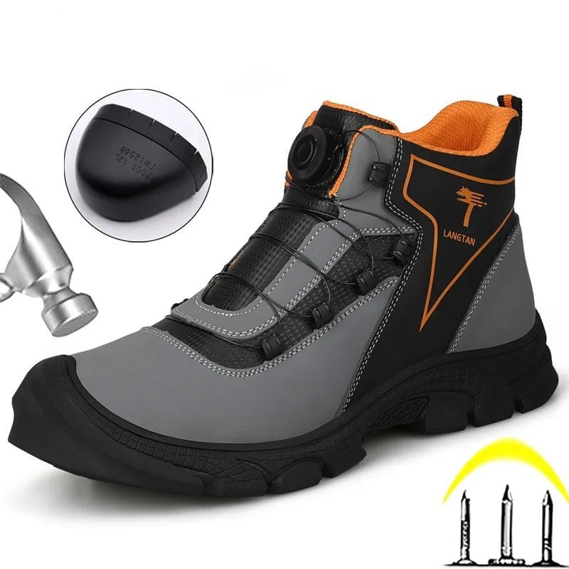 Industrial Safety Shoes by LANGTAN, grey with orange accents, showcasing durability and protection features