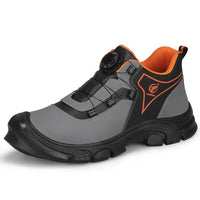 ndustrial Safety Shoe, grey and black, with unique fastening mechanism and sturdy sole