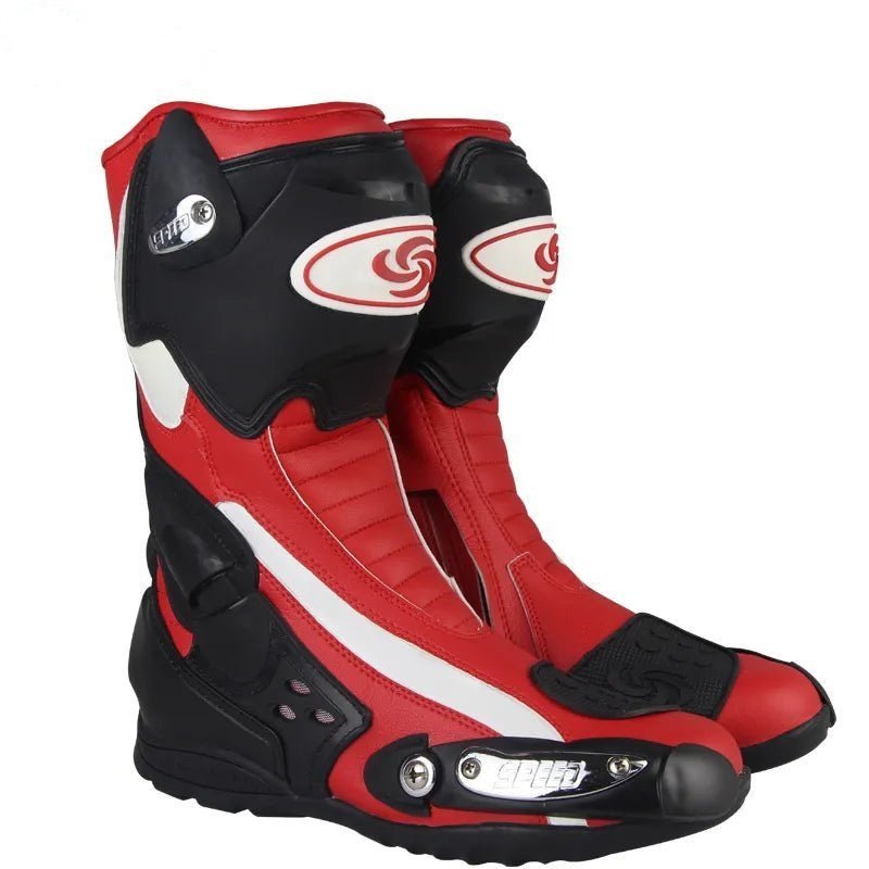 Red and black Leather Motorcycle Boots with white accents, featuring protective padding and branded logos