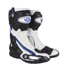 Leather Motorcycle Boots in white with black and blue accents, featuring protective design elements and brand logos