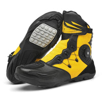 Men’s Biker Boots in black and yellow with unique sole design and side closures