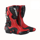 Men’s Biker Boots in red with black accents, featuring ‘SPEED’ logo and protective design
