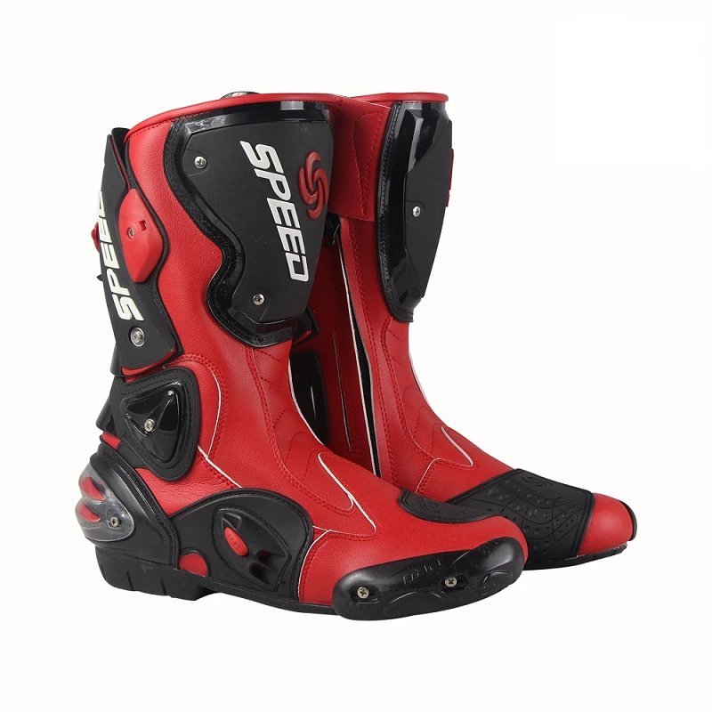Men’s Biker Boots in red with black accents, featuring ‘SPEED’ logo and protective design