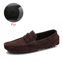 Men’s loafers in brown suede with fur interior, side view, showcased against a white background