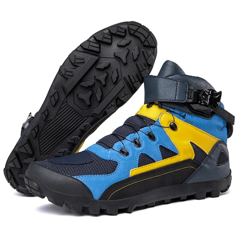 Men’s Motorbike Boots, blue and yellow, with black soles, showcasing durability and style