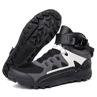 Men’s Motorbike Boots in black/gray, featuring rugged sole, secure straps, and ventilation holes.