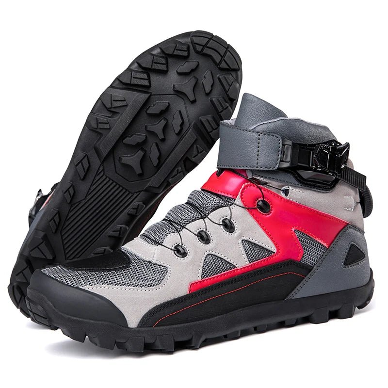 Men’s Motorbike Boots, grey with red and black accents, featuring a sturdy black sole and buckle strap