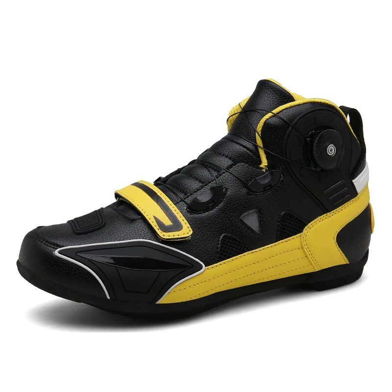 Motorcycle Sneakers: High ankle, black with yellow accents, adjustable strap, ventilation holes, sturdy sole