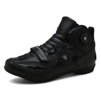 Black Motorcycle Sneakers with adjustable straps, sturdy sole, and high ankle support for safe riding