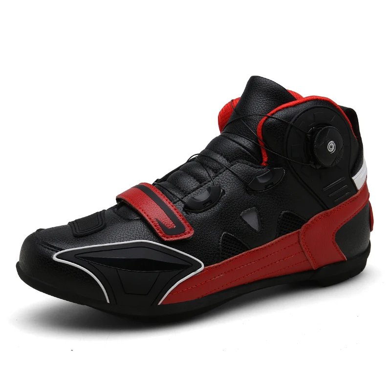 Motorcycle Sneakers: Black with red accents, adjustable straps, sturdy sole, high ankle support, ventilation holes