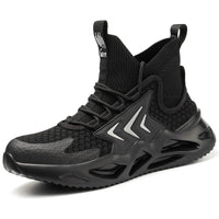 Men’s Safety Boots: Black, high-top design, mesh upper, sturdy laces, unique sole for grip & safety