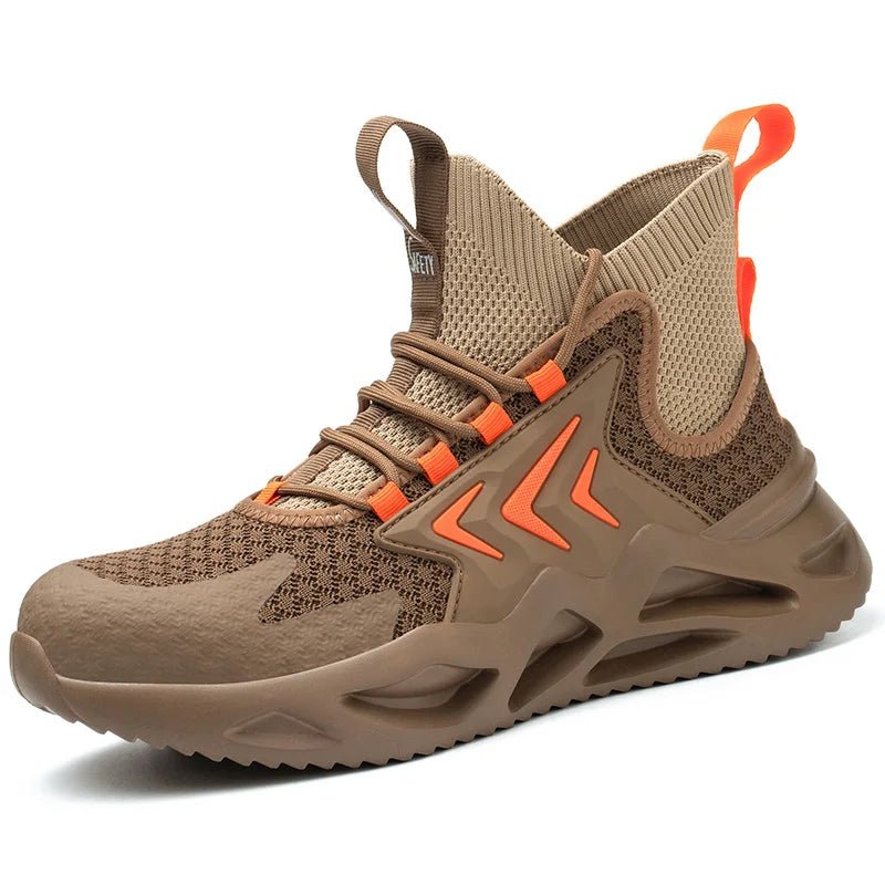 Men’s Safety Boots in brown with orange accents, sturdy sole, and high ankle support for enhanced safety.