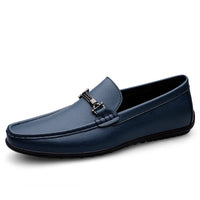 Navy blue Men’s Summer Loafers with a sleek design and silver buckle, embodying elegance and comfort for stylish summer wear