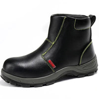 Men’s Work Boots: Black leather, ankle-high, showcased on a white background, highlighting durability and style