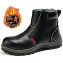 Men’s Work Boots: Black with green stitching, showcased with a fiery symbol indicating heat resistance.