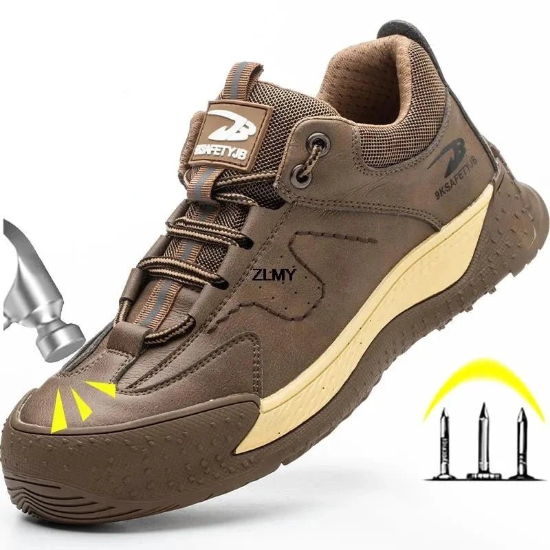 Men’s work sneakers, brown with yellow accents, showcasing hammer resistance and nail-proof design
