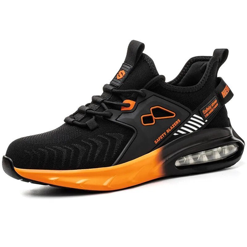 Men’s Work Steel-Toe Shoes, black with orange accents, modern design, breathable material, air-cushion sole
