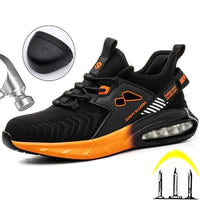 Men’s Work Steel-Toe Shoes, black with orange accents, featuring a mesh upper for breathability and steel toe protection 