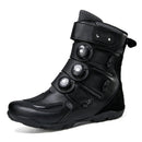 “Motorbike Boots: Sleek black design with three adjustable rotary buckles for a secure and snug fit.”