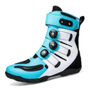 “Motorbike Boots: White and turquoise with black accents, featuring three adjustable rotary buckles.”