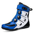“Motorbike Boots: Blue, white, and black boot with four adjustable rotary buckles for a secure fit.”