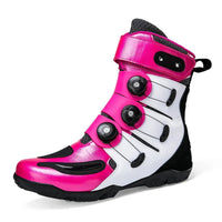 “Motorbike Boots: Vibrant pink and white, with black soles and three adjustable rotary buckles.”