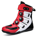 “Motorbike Boots: Red and white boot with black soles and four adjustable rotary buckles for a secure fit.”