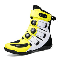 “Motorbike Boots: Bright yellow and white, with black dial closures and a sturdy, sporty design for safety and style.”