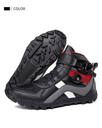 "Black Motorcycle Ankle Boots with red accents, buckle for secure fastening, and rugged sole for grip and safety.