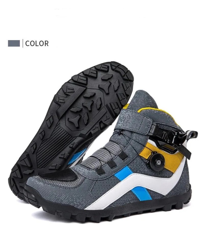 "Motorcycle Ankle Boots in grey with blue & yellow accents, featuring a buckle and rugged sole for grip."