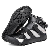 Motorcycle Shoes: Black and white, sturdy design, thick soles, adjustable straps for secure fit and comfort