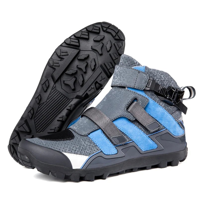 Motorcycle Shoes: Blue & grey, sturdy sole, secure fastenings, designed for safety and comfort while ridin