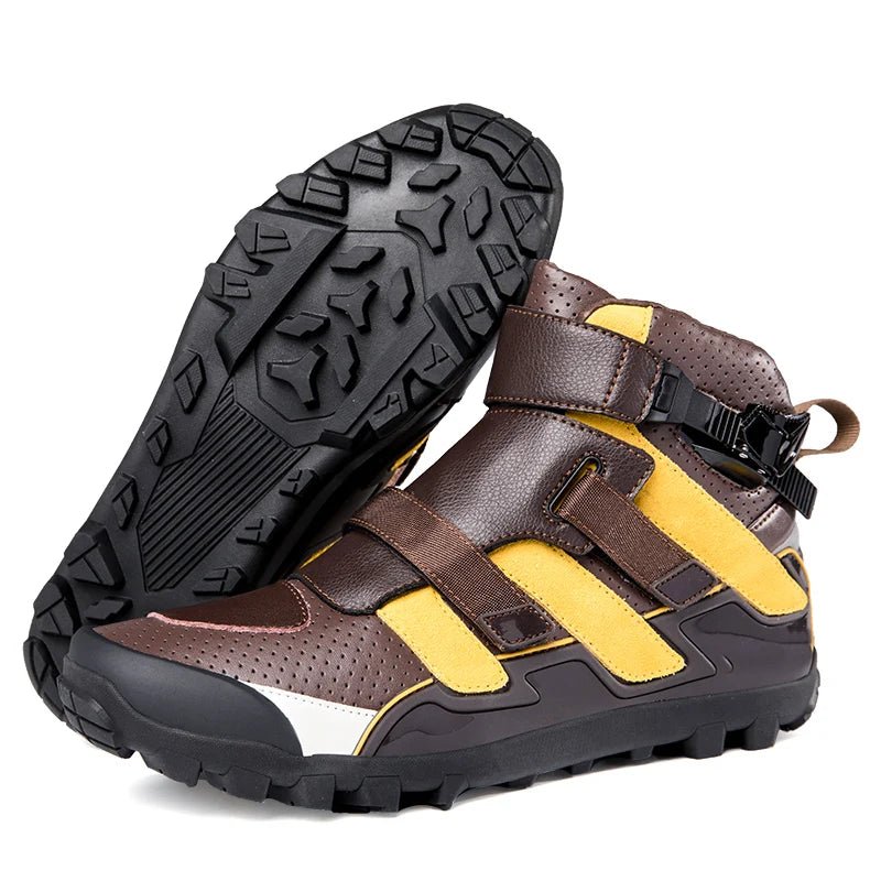 Brown Motorcycle Shoes with Yellow Accents, Rugged Design, Black Sole, Reinforced Toe