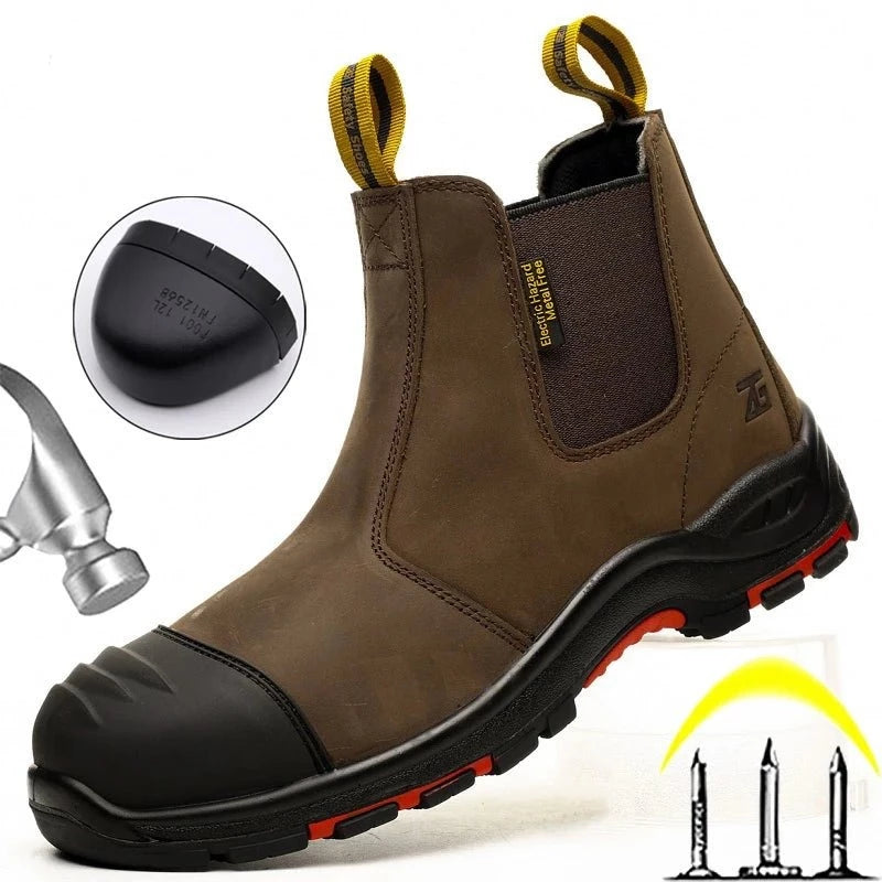 Safety boots with reinforced toe, brown upper, yellow pull loops, and red-black sole, designed for protection and durability
