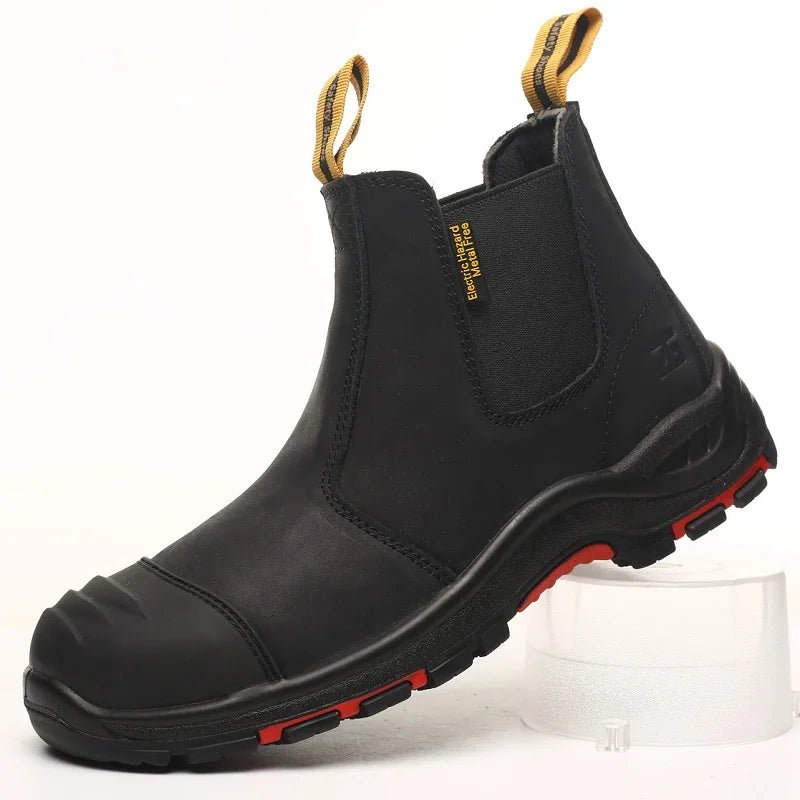 Black Safety Boots with yellow pull loops, red accents on the sole, and “SAFETY BOOTS” label