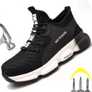 Sneakers work shoes: Black, stylish, with white soles, resistant to nails, showcased near a hammer.
