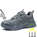 Steel Toe Cap Shoes, grey , displayed for their durability and protection features, with a hammer and nails illustration
