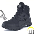 Black SUADEX Steel-Toe Safety Boots, puncture and impact-resistant, showcased for protective features