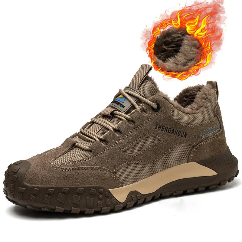 Brown SHENGANDUN steel toe shoe with fur-lined interior, depicted near a fiery effect, symbolizing warmth and durability
