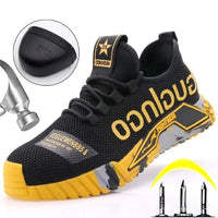 Steel Toe Shoes: Black & yellow, durable design, safety ensured with steel toe cap, ideal for tough environments