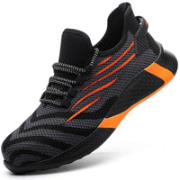 Steel Toe Shoes: Black with orange accents, mesh upper for breathability, thick sole for safety and comfort