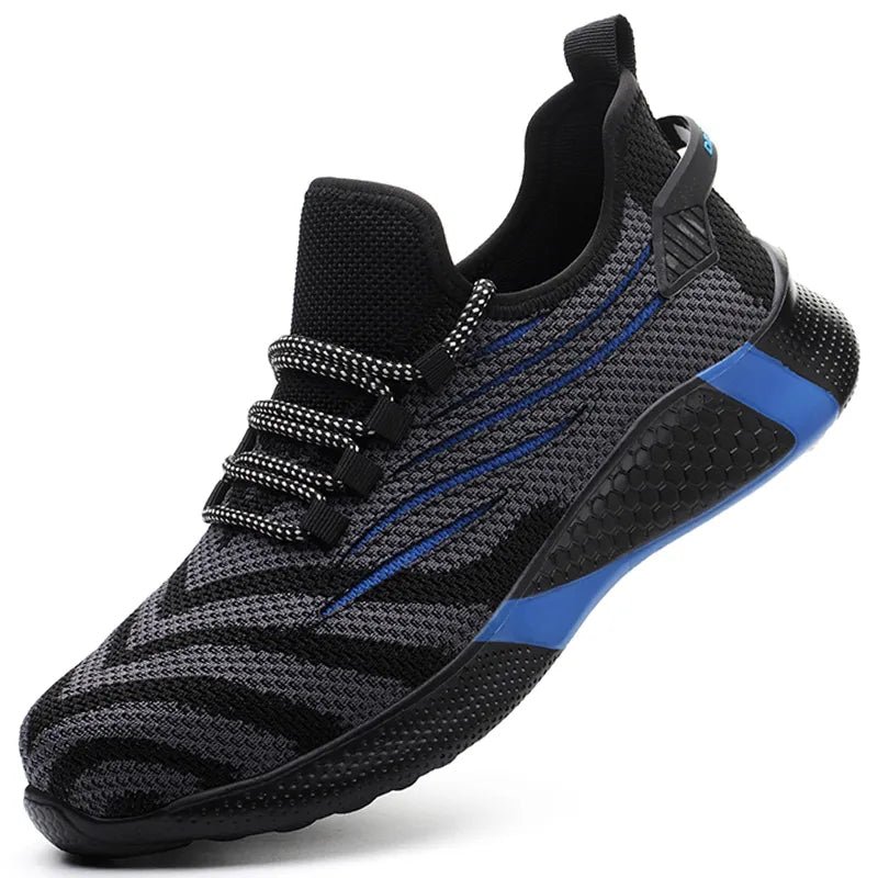 Steel Toe Shoes: Black with blue accents, mesh upper, secure lacing, thick sole for safety and comfort.