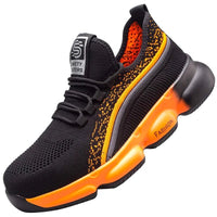 Steel Toe Shoes: Black and orange, mesh upper, orange sole accent, ‘SAFETY SNEAKERS’ tag for safety and style